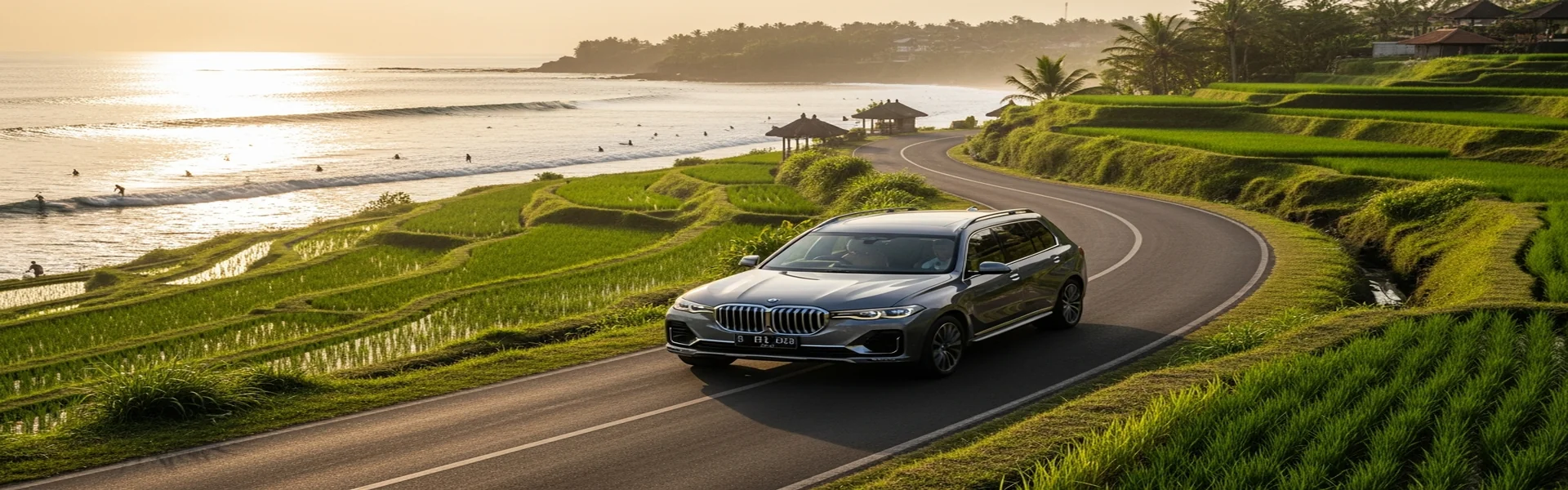 Luxury car rental Canggu - luxury SUV on Canggu coastal road