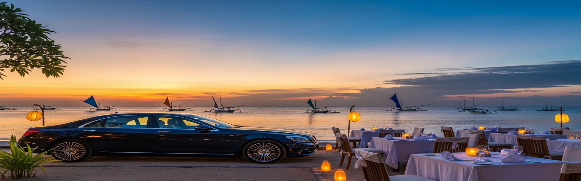 Luxury car rental Jimbaran - premium car at Jimbaran Bay seafood restaurant