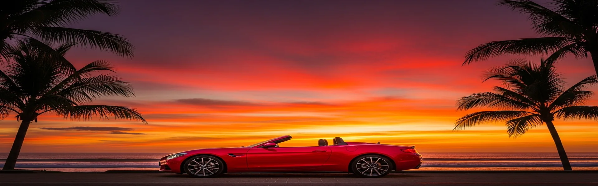Luxury car rental Kuta - convertible at Kuta Beach sunset