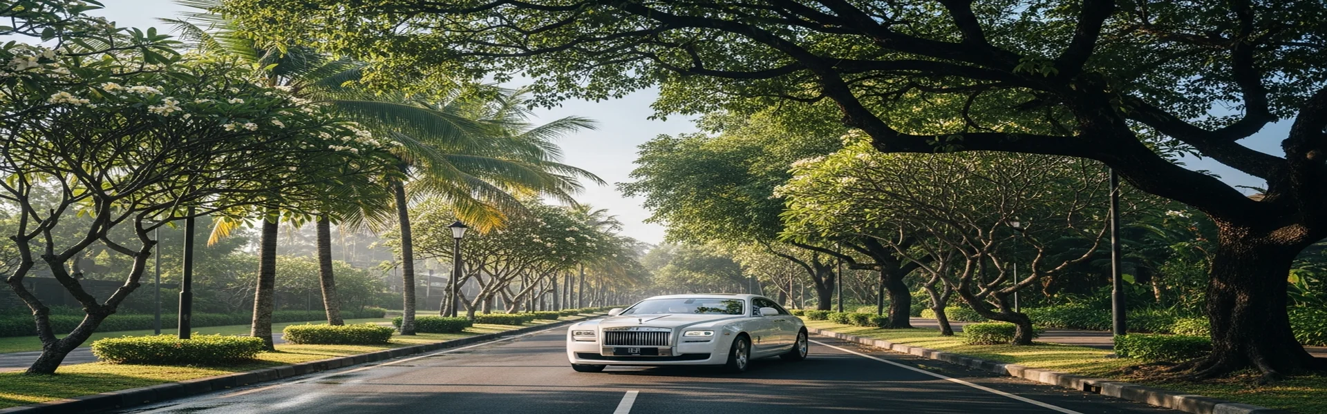 Luxury car rental Sanur - classic luxury car on tree-lined Sanur boulevard
