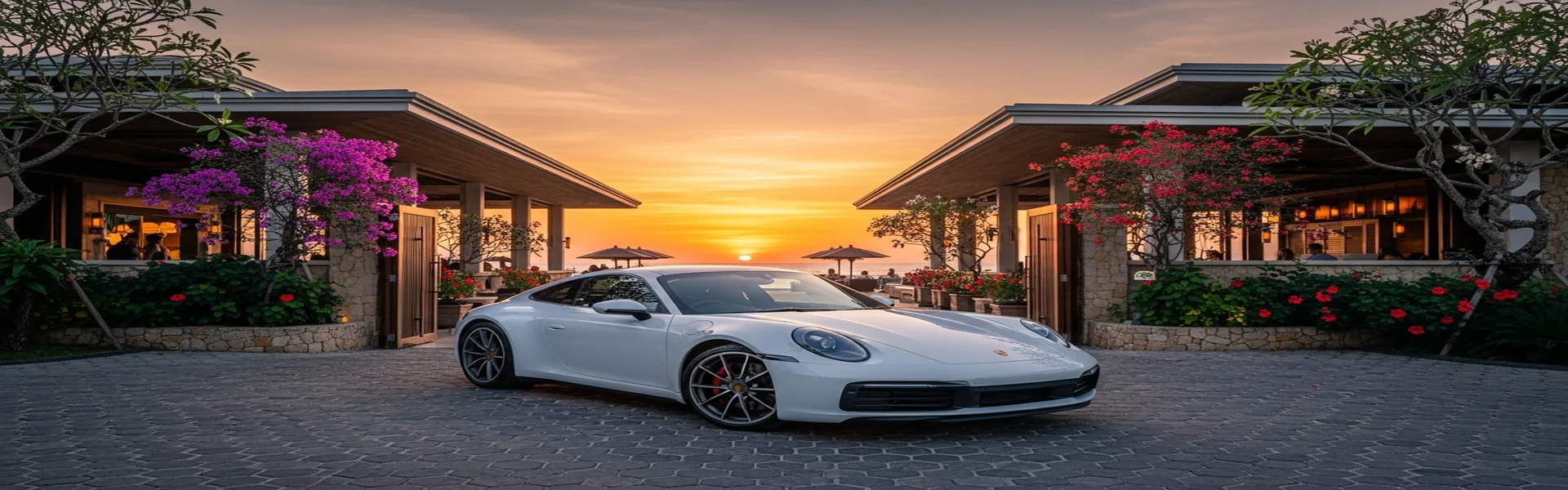 Luxury car rental Seminyak - premium sports car at trendy Seminyak beach club