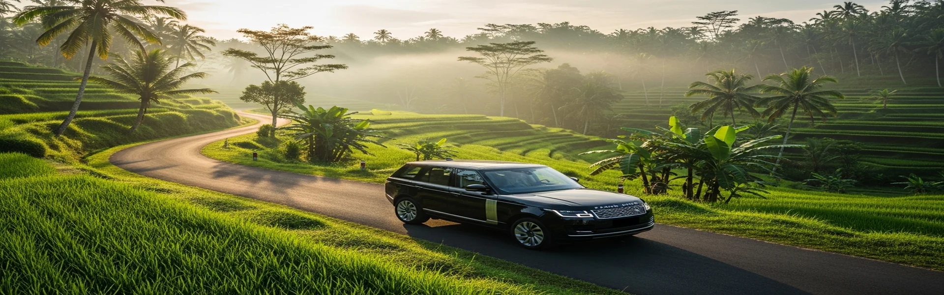 Luxury car rental Ubud - Range Rover on scenic rice terrace road