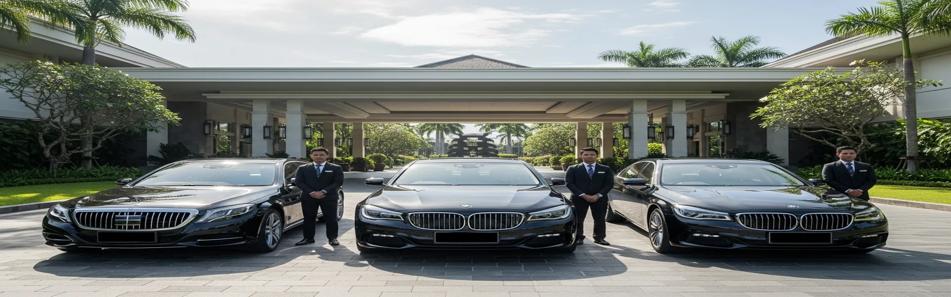 Fleet of luxury sedans at Bali conference venue - corporate luxury car rental Bali