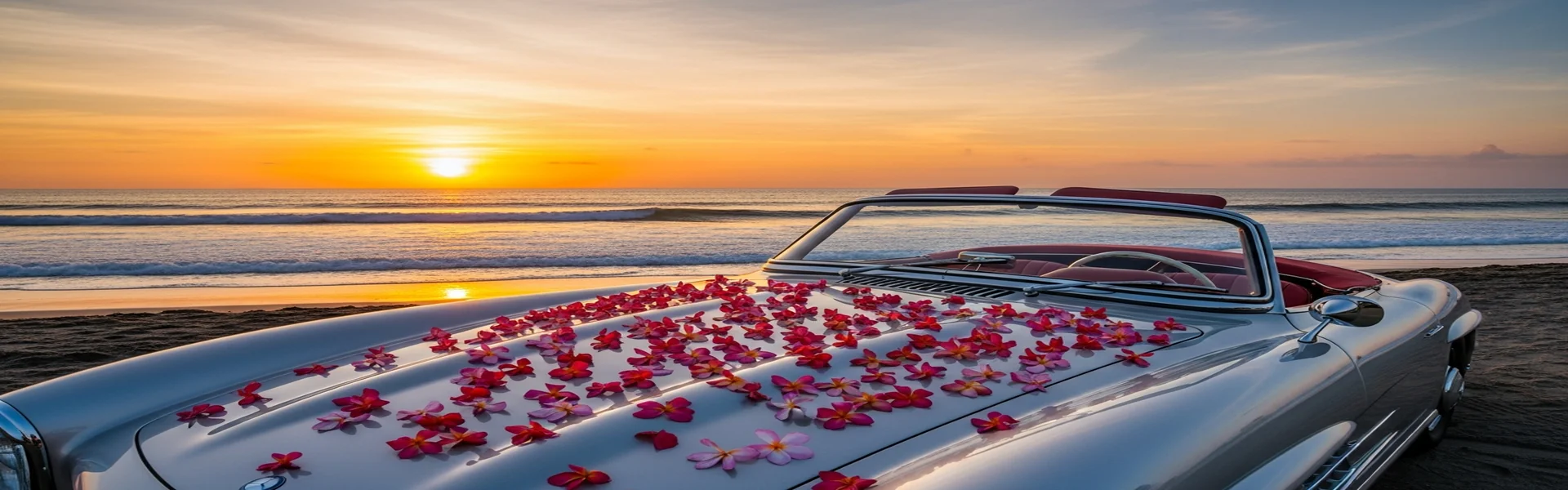 Luxury convertible at Bali sunset beach - honeymoon luxury car Bali