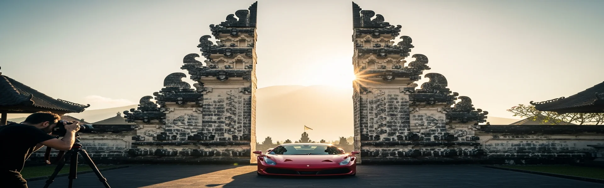 Supercar photoshoot at Bali temple - luxury car photoshoot rental Bali