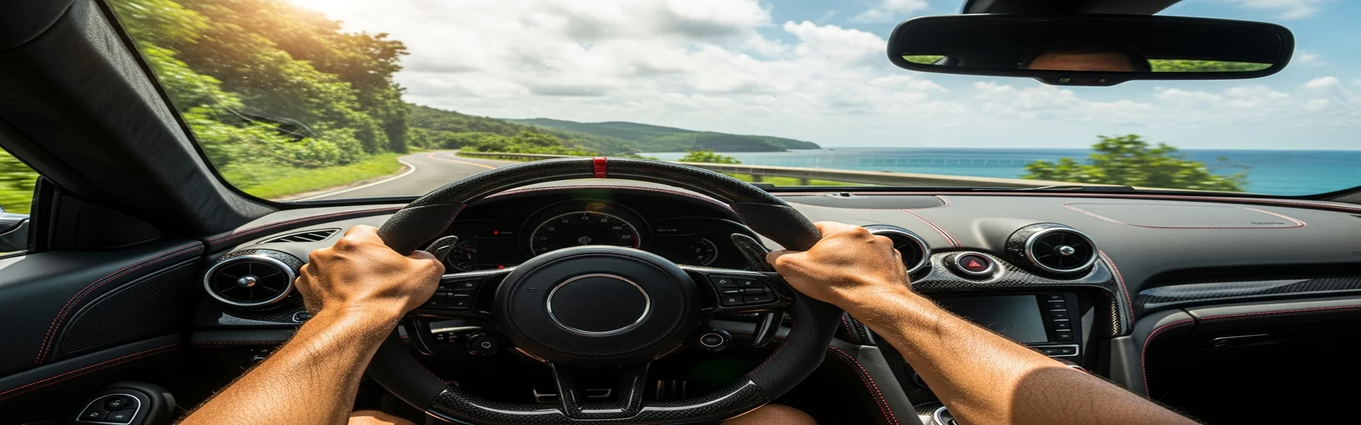 Luxury sports car interior POV on Bali coastal road - self drive luxury car rental Bali