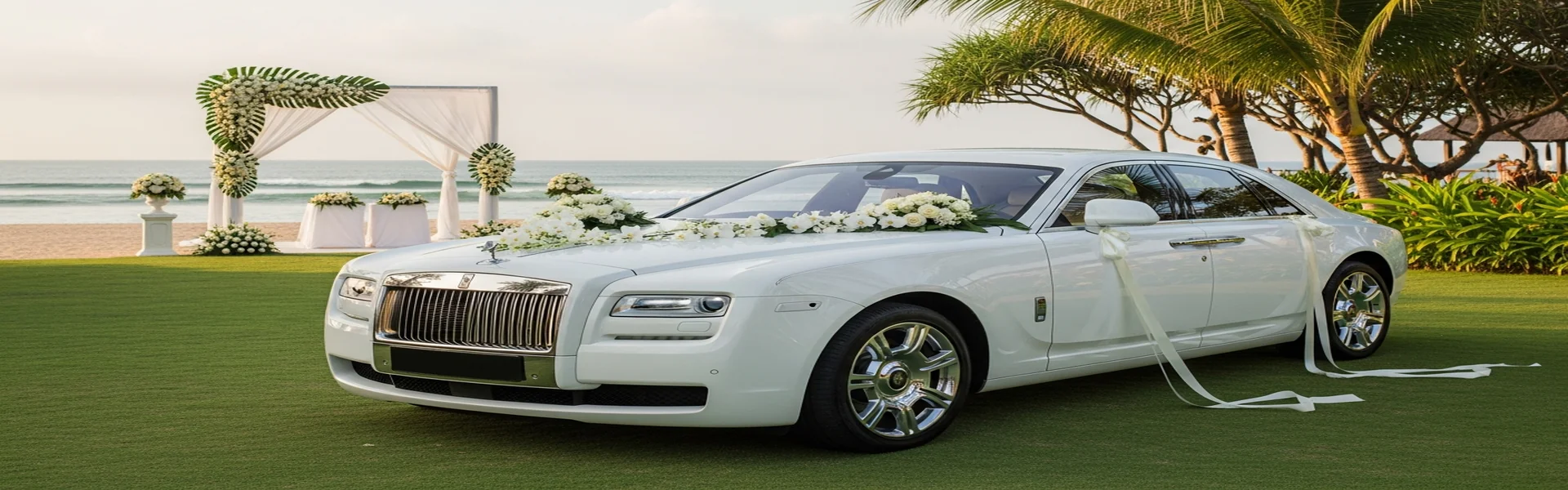 White Rolls-Royce Ghost decorated for Bali beach wedding - wedding car rental Bali