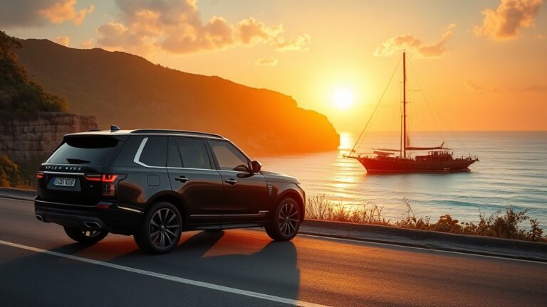 Luxury SUV on a Bali coastal road with a phinisi yacht anchored offshore at golden hour